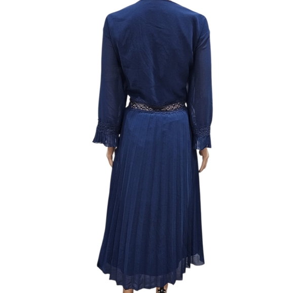 Asos Lace insert pleated Floral Embroidery Midi Dress Navy - Picture 8 of 11